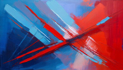 A vibrant abstract painting featuring bold, diagonal strokes of red and light blue against a background of blended blues and reds, creating a dynamic and energetic composition.