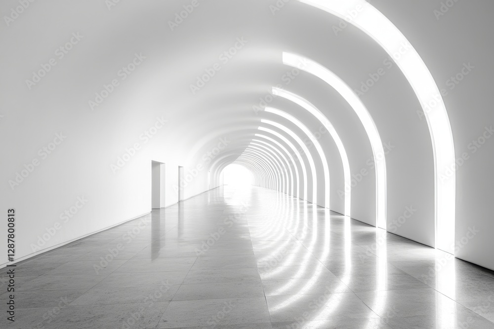 Poster serene architectural monochrome perspective of a modern hallway with illuminated arches and reflecti