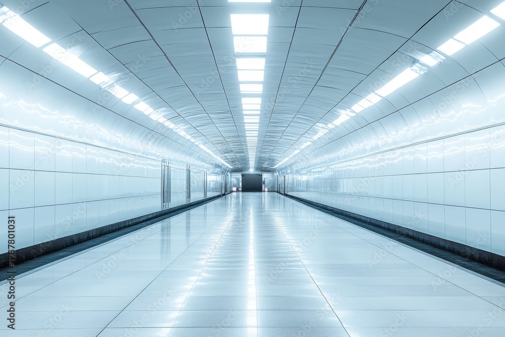 Poster modern subway tunnel with bright lights and tiled walls creating a futuristic and clean perspective,