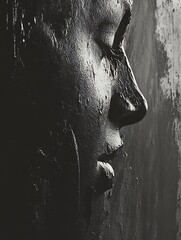 Dark sculpted face profile, textured wall background