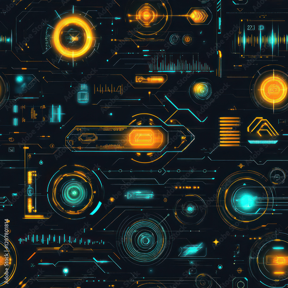 Poster futuristic tech interface design with glowing elements on a dark background, intricate lines, and vi