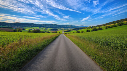 Fototapeta premium Wide road into distance, flanked by green fields and blue sky. High-definition, horizontal composition. Serene beauty.