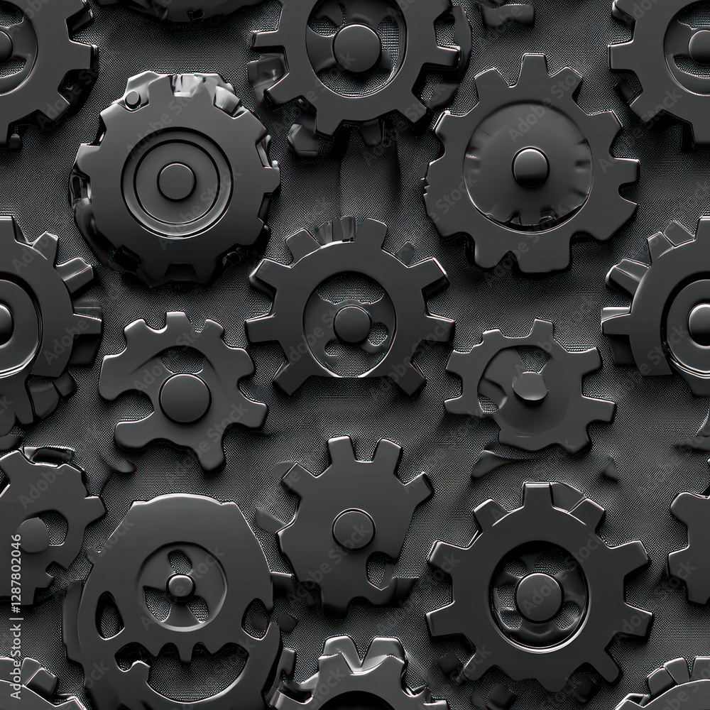 Poster gears meshing on metal surface creating mechanical motion. dark textured background