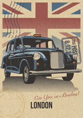London's Main Attraction Retro Postcard Style Vector Illustration. London's Cab and United Kingdom Flag, Postal Imprints, Old Paper Texture © koyash07