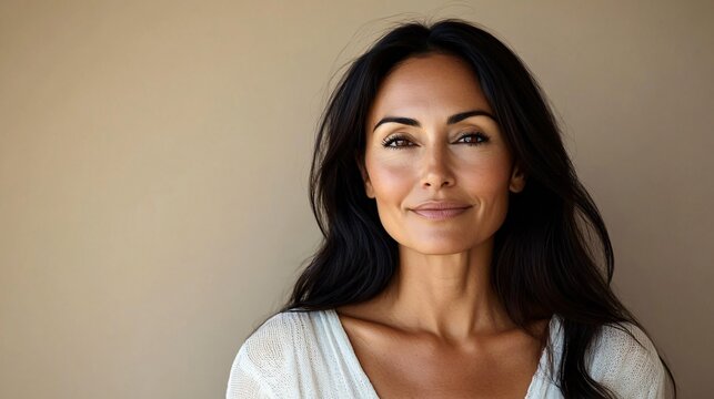 A confident middle-aged woman with warm brown skin and long, dark hair smiles gently in a soft beige background, ideal for lifestyle blogs, wellness articles, and personal branding.