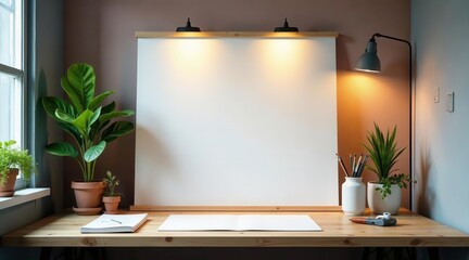 A Serene Workspace Featuring a Blank Canvas Ready for Creative Expression, Illuminated by Warm Lighting and Decorated with Lush Greenery