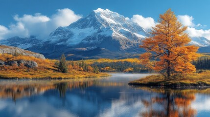 Fototapeta premium Autumn lake mirrored by snow-capped mountains