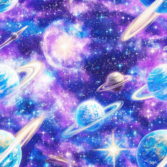 Galaxy planets swirl; distant stars twinkle amidst nebula clouds, creating a cosmic celestial expanse