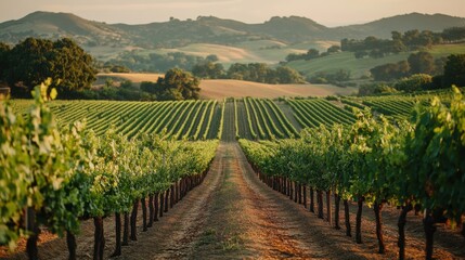 Serene Vineyard Vista at Dusk Rows of Grapevines Stretching Towards Distant Hills Capturing the Essence of Wine Country in Golden Hour Light