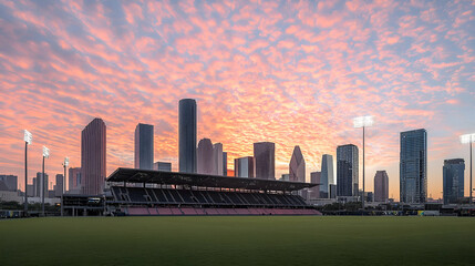 Fototapeta premium City Skyline at Sunset with Stadium and Pink Clouds