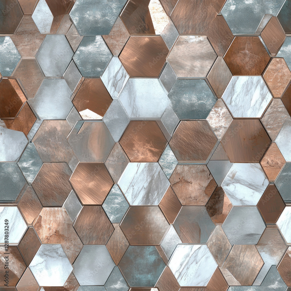 Poster geometric hexagon marble and bronze tiles form a textured wall with a modern luxurious pattern