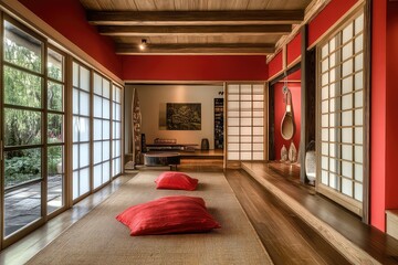 A contemporary Japanese-inspired room with red accent walls, contrasting natural wood elements, and sliding screens.