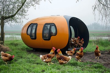 Modern chicken coop on rural farm, birds foraging