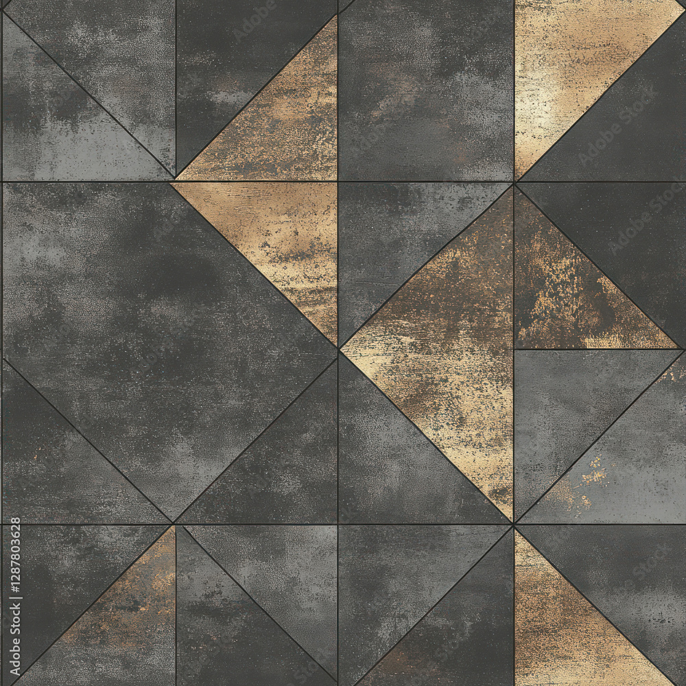 Poster geometric metallic tiles create abstract pattern. dark and gold triangles give industrial, textured 