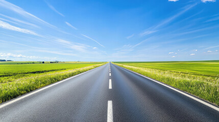 Naklejka premium Wide road into distance, flanked by green fields and blue sky. High-definition, horizontal composition. Serene beauty.