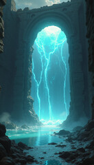 Obraz premium Mystical portal of liquid light in ancient temple ruins, otherworldly energy