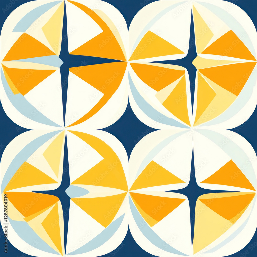 Poster geometric pattern intersecting circles & triangles creating stars on navy backdrop