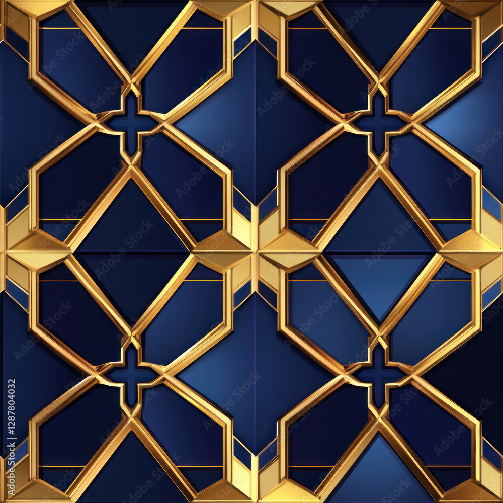 Poster geometric pattern creates tiled repeating background of golden lines on a blue backdrop, seamless de