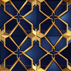 Fototapeta premium Geometric pattern creates tiled repeating background of golden lines on a blue backdrop, seamless design
