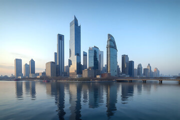 Naklejka premium Modern cityscape with skyscraper building and reflection from the river
