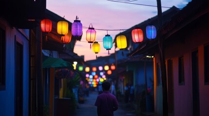 A serene evening stroll through a vibrant alley adorned with colorful lanterns at dusk
