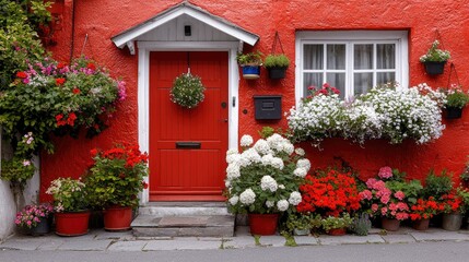Fototapeta premium Red cottage, floral display, cobblestone street, summer