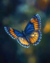 Fototapeta premium Captivating butterfly with vibrant blue and orange wings gracefully soaring against a blurred backdrop nature photography