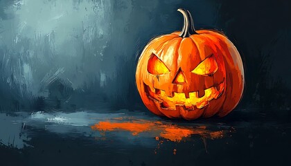 Halloween pumpkin, glowing face, dark background