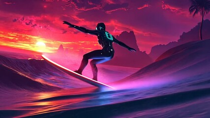 A futuristic surfer rides a neon wave during a vibrant sunset in a digital painting. - Powered by Adobe