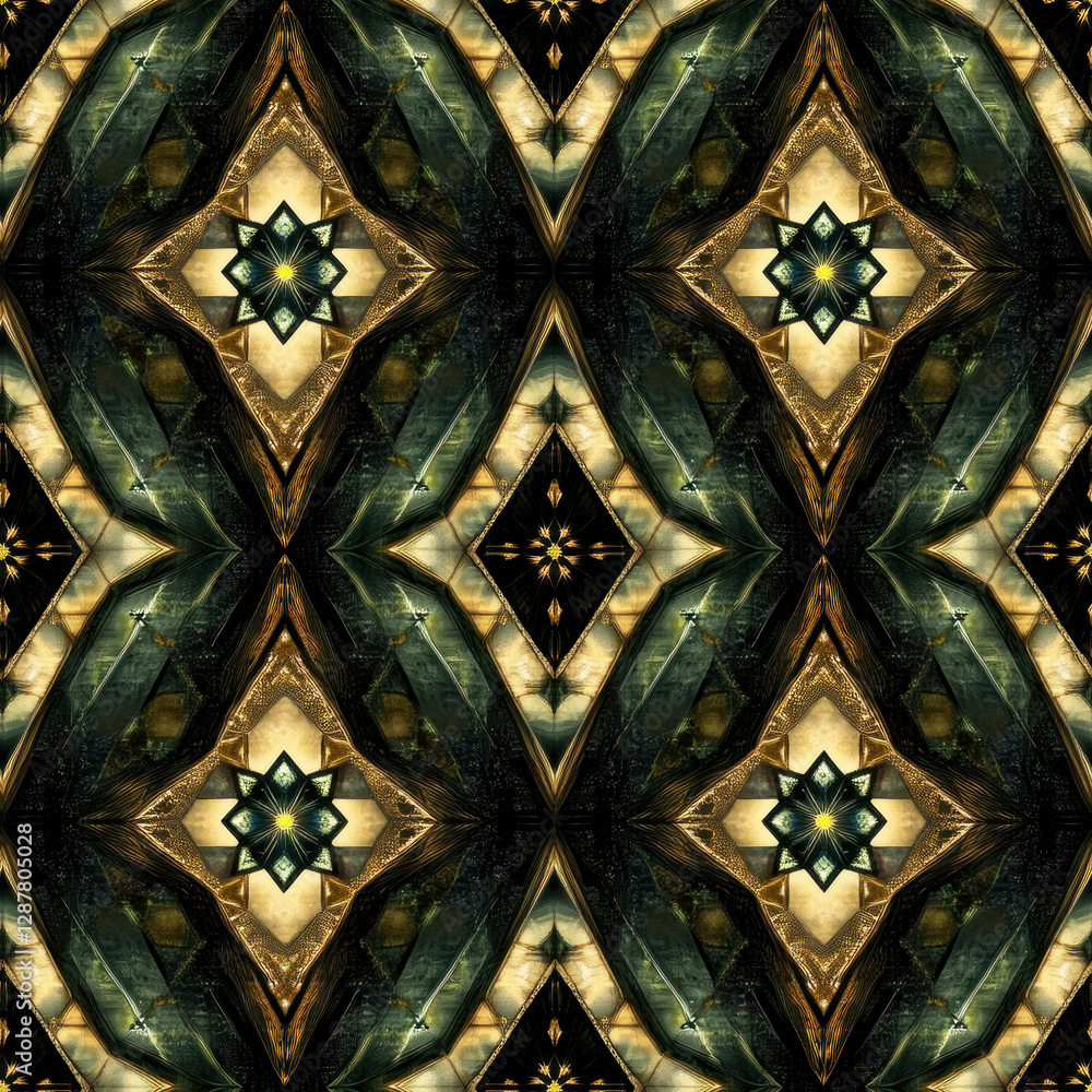 Poster geometric pattern repeating, abstract diamonds shapes on dark fractal background