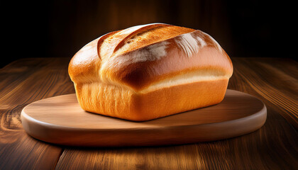 A golden-brown loaf of freshly baked bread rests on a round wooden cutting board, illuminated against a dark, moody background, showcasing its rustic texture and warm tones.