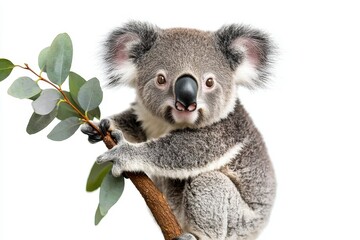 Fototapeta premium Koala clings to a branch, showcasing its fluffy fur and playful nature.