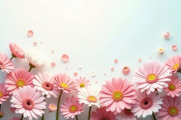 Fototapeta premium Delicate Pink Gerbera Daisies and Pastel Petals Arranged in a Charming Floral Border on a Light Background