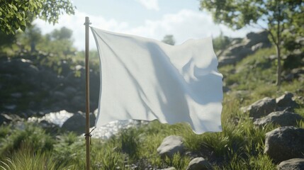White Fabric Flag Waves Gently in Sunny Hillside Landscape