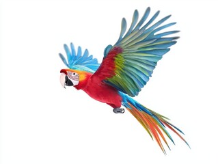 Fototapeta premium Colorful parrot in flight showcasing vibrant feathers against a white background.