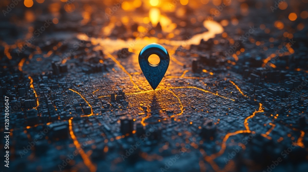 Poster Map with glowing location pin over illuminated city streets at dusk, abstract technology navigation concept