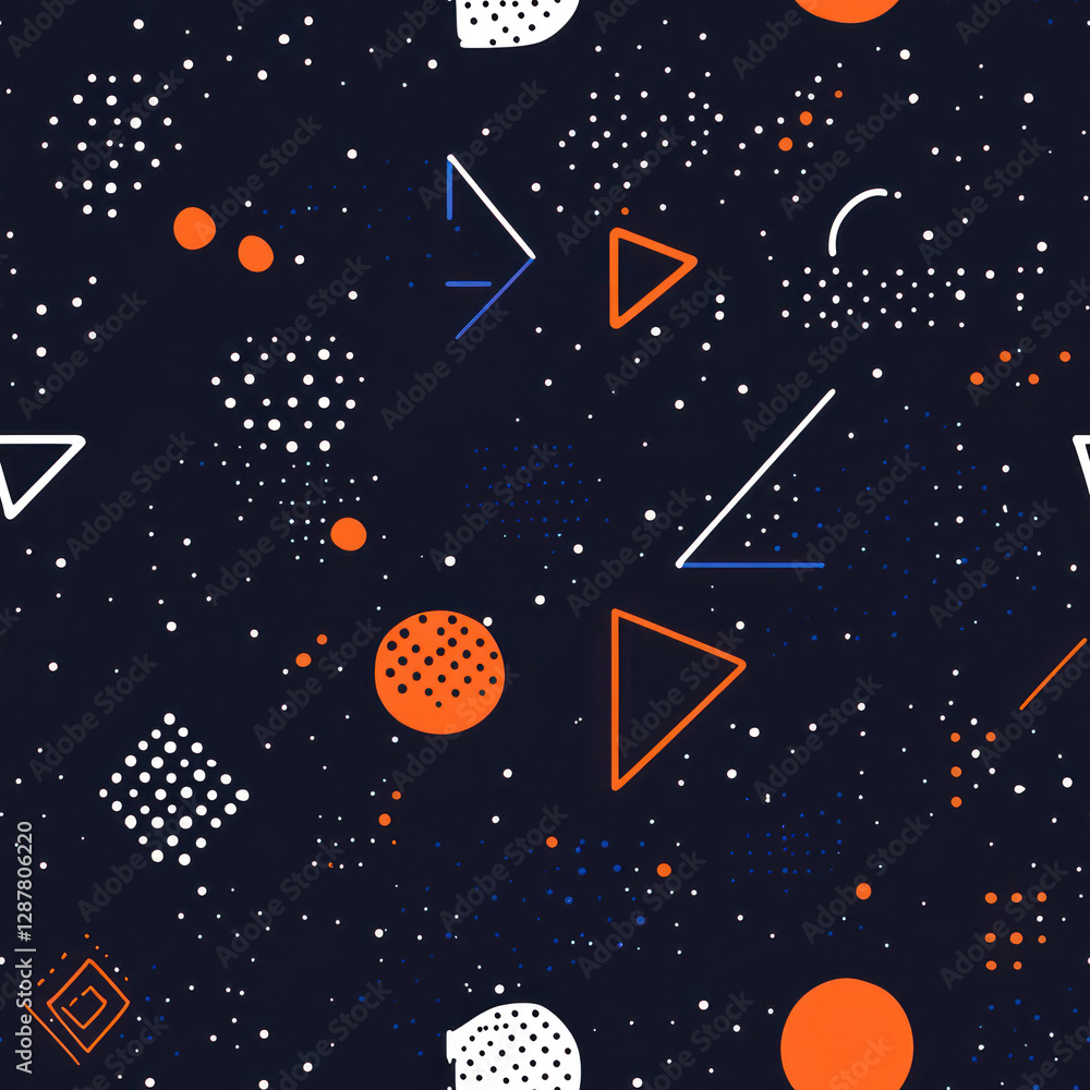 Poster geometric shapes scatter in a cosmic dark background. circles, triangles, squares create a modern pa