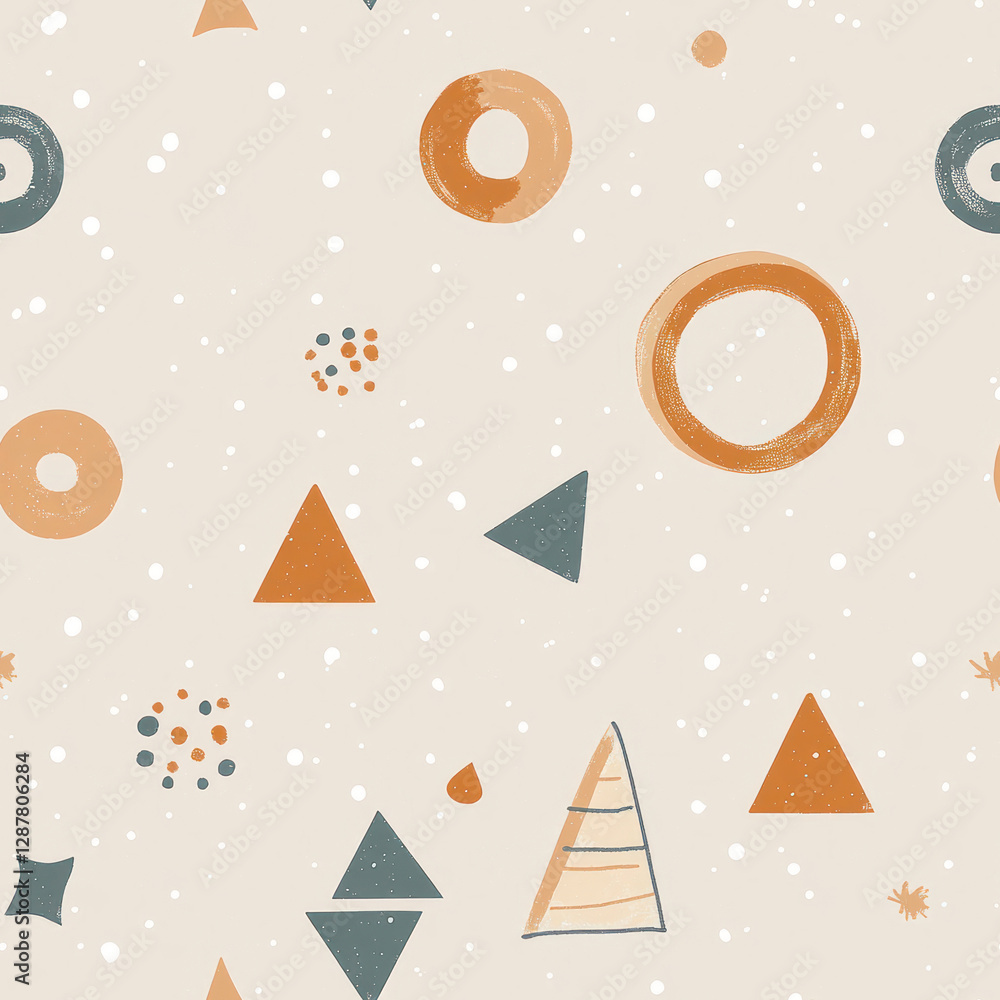Poster geometric shapes scattered on a beige background with light spots forming an abstract seamless patte