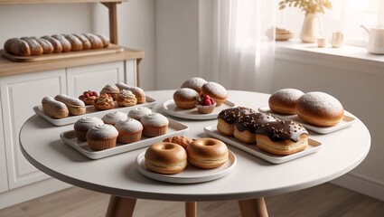 Bakery, Chocolate Cake with Nuts and Raisins, Doughnut on a Table