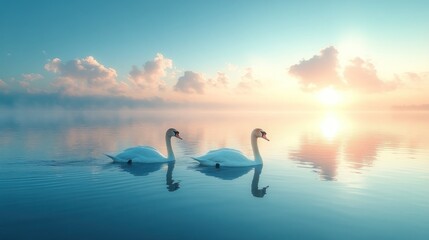 Naklejka premium Peaceful swans glide on tranquil lake at sunrise
