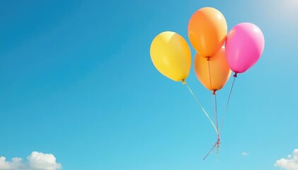 Naklejka premium Brightly colored balloons drifting lazily in the blue sky, soft, gentle, colorful