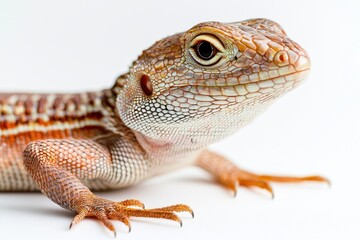 Obraz premium Close-up of a lizard with detailed skin texture and vibrant colors on a light background.