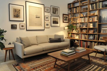 A contemporary living room with a cozy neutral-toned couch, a gallery wall of framed artwork, and stylish wooden bookshelves.