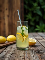 Fototapeta premium glass of lemonade on wooden table