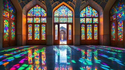 Obraz premium Colorful stained glass windows illuminate a beautiful room in a historic building during daylight hours. Assyrian New Year