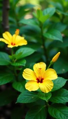 Fototapeta premium Bright yellow hibiscus flowers in a lush tropical garden, gardenia, flower