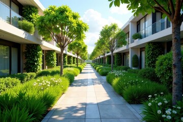 Serene Pathway Through Lush Green Residential Development with Modern Architecture and Vibrant Landscaping