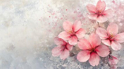 A delicate arrangement of pink cherry blossoms against a soft, abstract background.