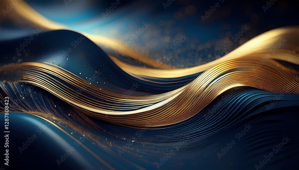 Poster a mesmerizing abstract wave of flowing gold and blue, showcasing elegant curves and a sense of depth