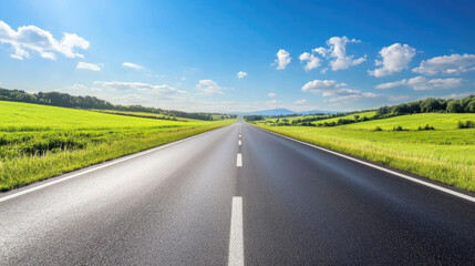 Fototapeta premium Wide road into distance, flanked by green fields and blue sky. High-definition, horizontal composition. Serene beauty.